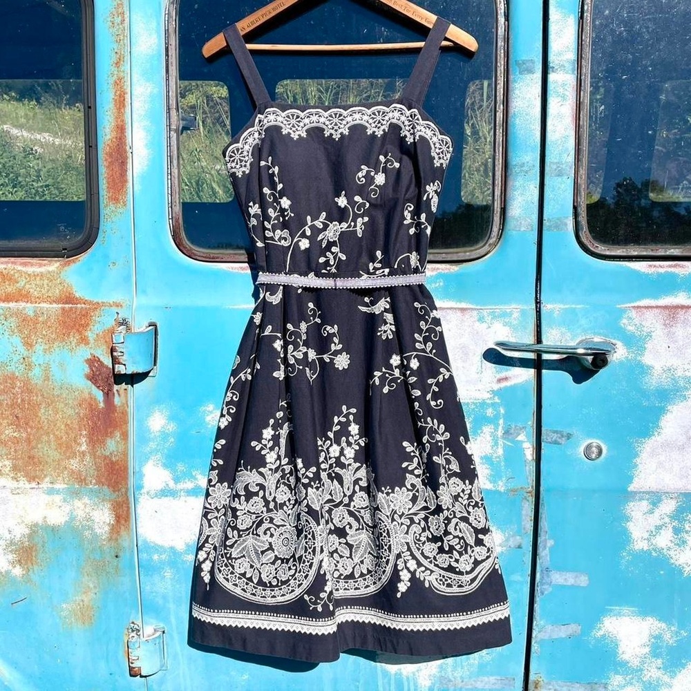 Madison Leigh black cotton sun dress w/ allover white floral embroidery